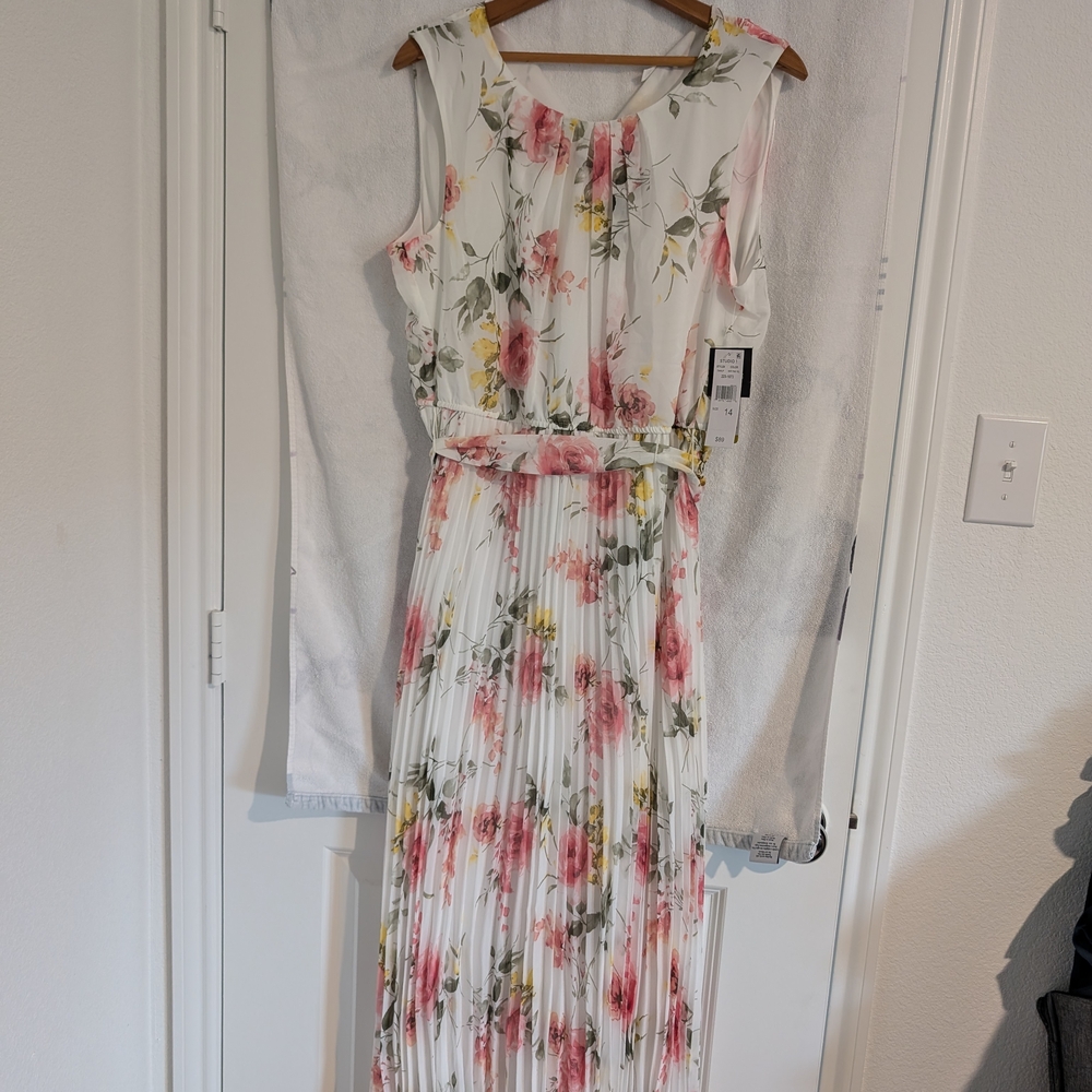 Floral Pleated White Maxi Dress with Pink and Yellow Blooms